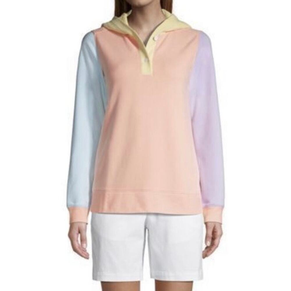 Lands' End Serious Sweats Button Hoodie Crisp Peach Color-block Size Large (L)